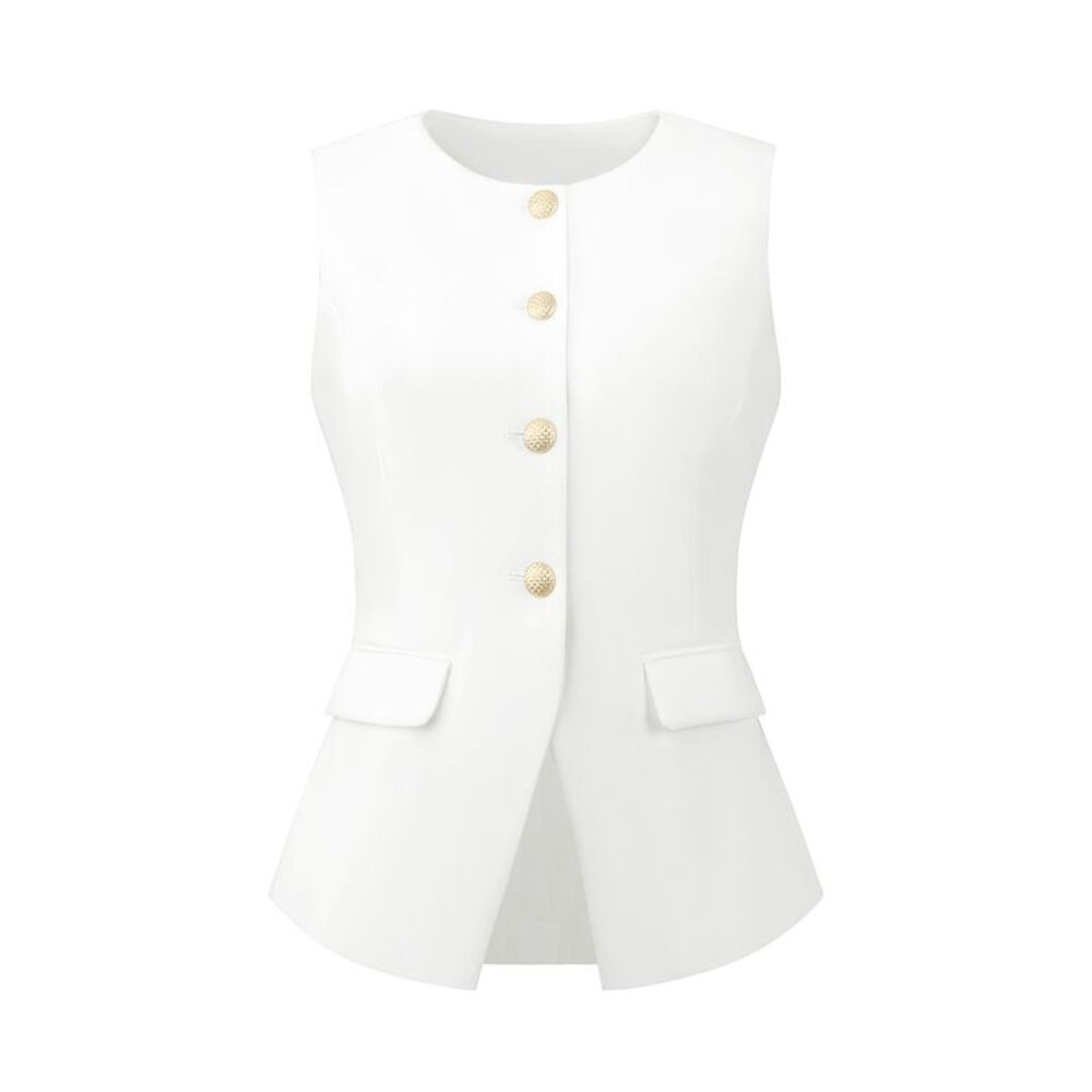 Women Sleeveless Collarless Round Neck Button Down Blazer Waistcoat White
